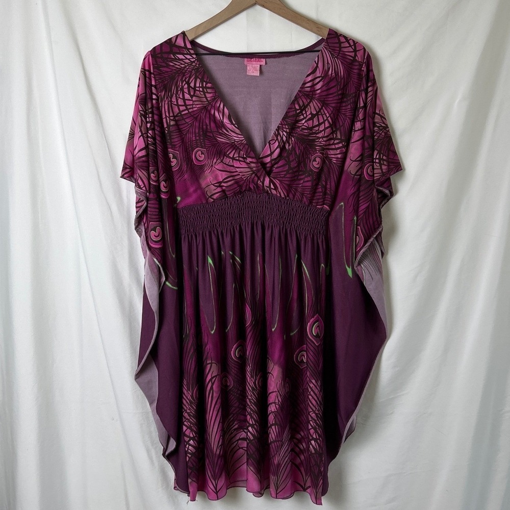 She Scool Womens Peacock Butterfly Sleeve Tunic Purple Magenta Size 1X Boho